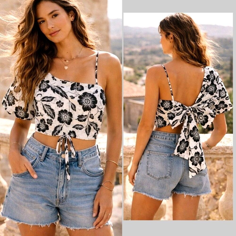 Maeve Anthropologie Sz 1X Floral Eyelet One Shoulder Bow Crop Top White Romantic
